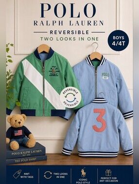NWT Polo Ralph Lauren Boys 4T Reversible Varsity Bomber Jacket Green Blue